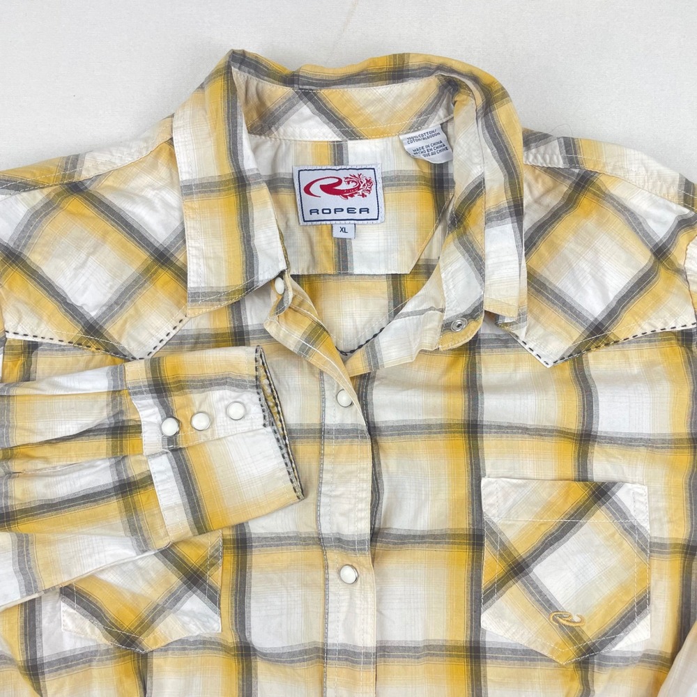 Roper Womens Yellow Plaid Western Snap Long Sleeve Shirt XL Cotton Cowgirl